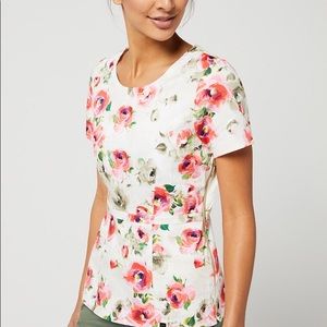 Jaanuu White/Pink Floral Peplum Scrub Top